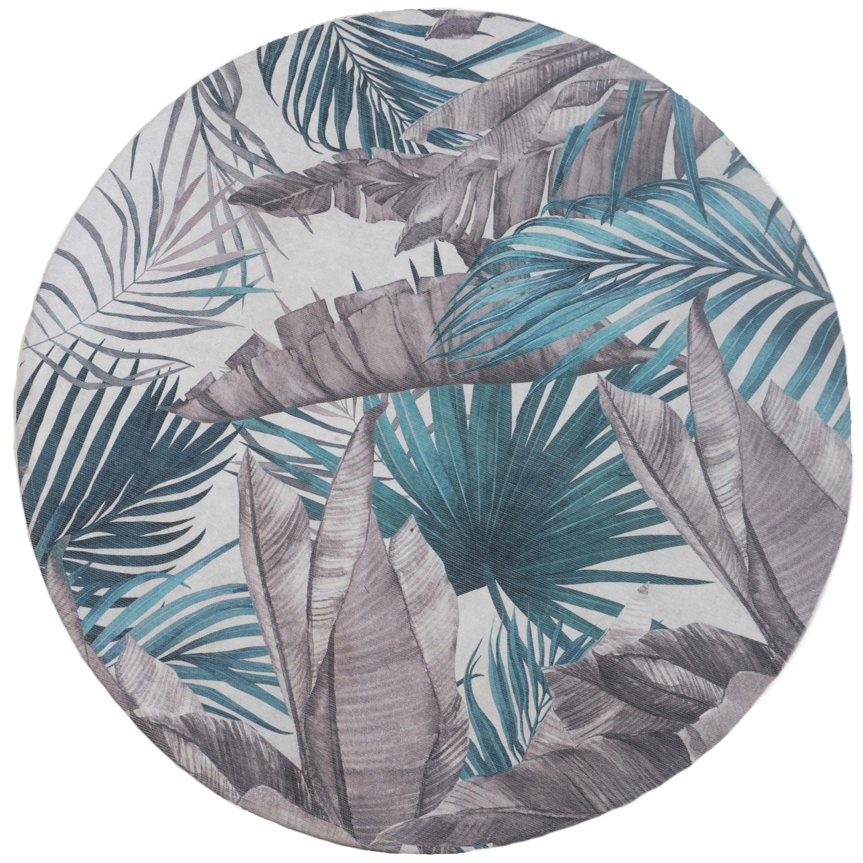 Rond vloerkleed met tropische bladeren in groenblauw, grijs en wit, Ø120 cm