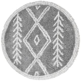 Rond grijs vloerkleed met witte geometrische print en franjerand, ø160 cm