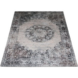 Antracietgrijs vloerkleed met vintage ornamenten en sierlijke rand, 70x200 cm