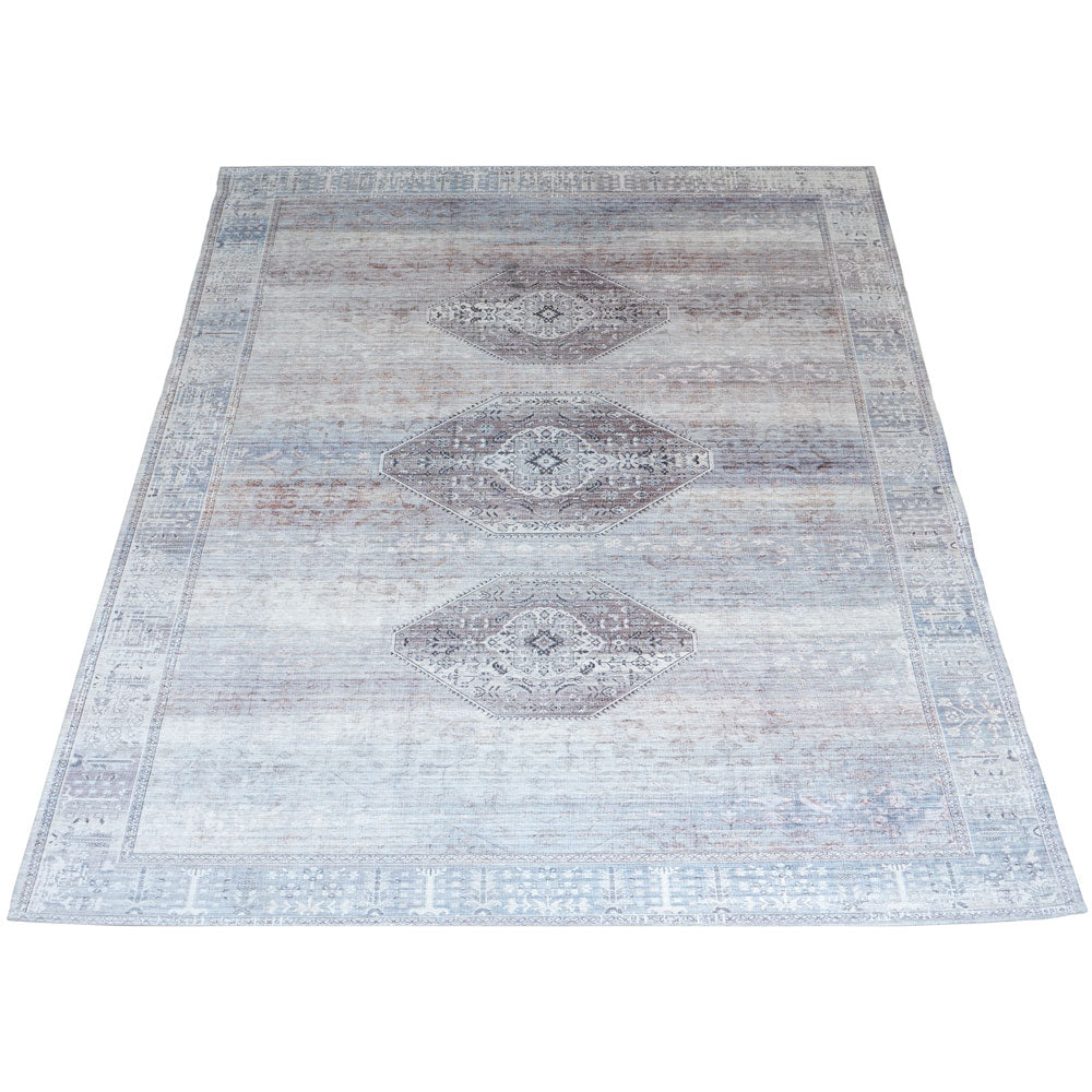 Vloerkleed 200x290 cm, lichtblauw/grijs met verweerd medaillon-motief