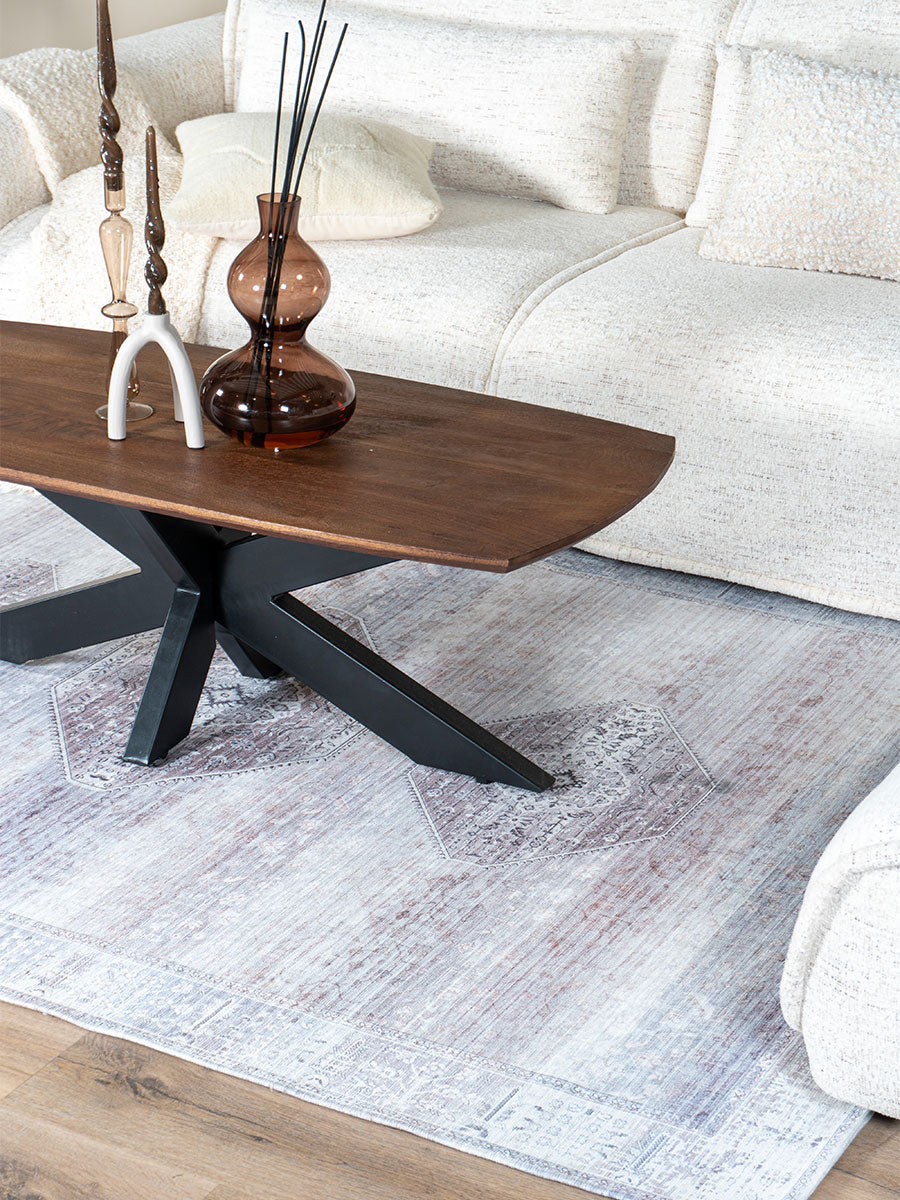 Rechthoekig vloerkleed met lichtblauw-grijs versleten abstract patroon