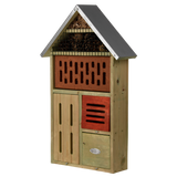Insectenhotel XL met houten kamers, donkergrijs dak en rode panelen met openingen