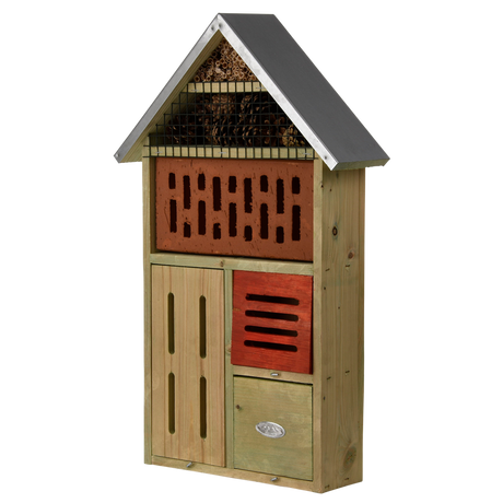 Insectenhotel XL met houten kamers, donkergrijs dak en rode panelen met openingen