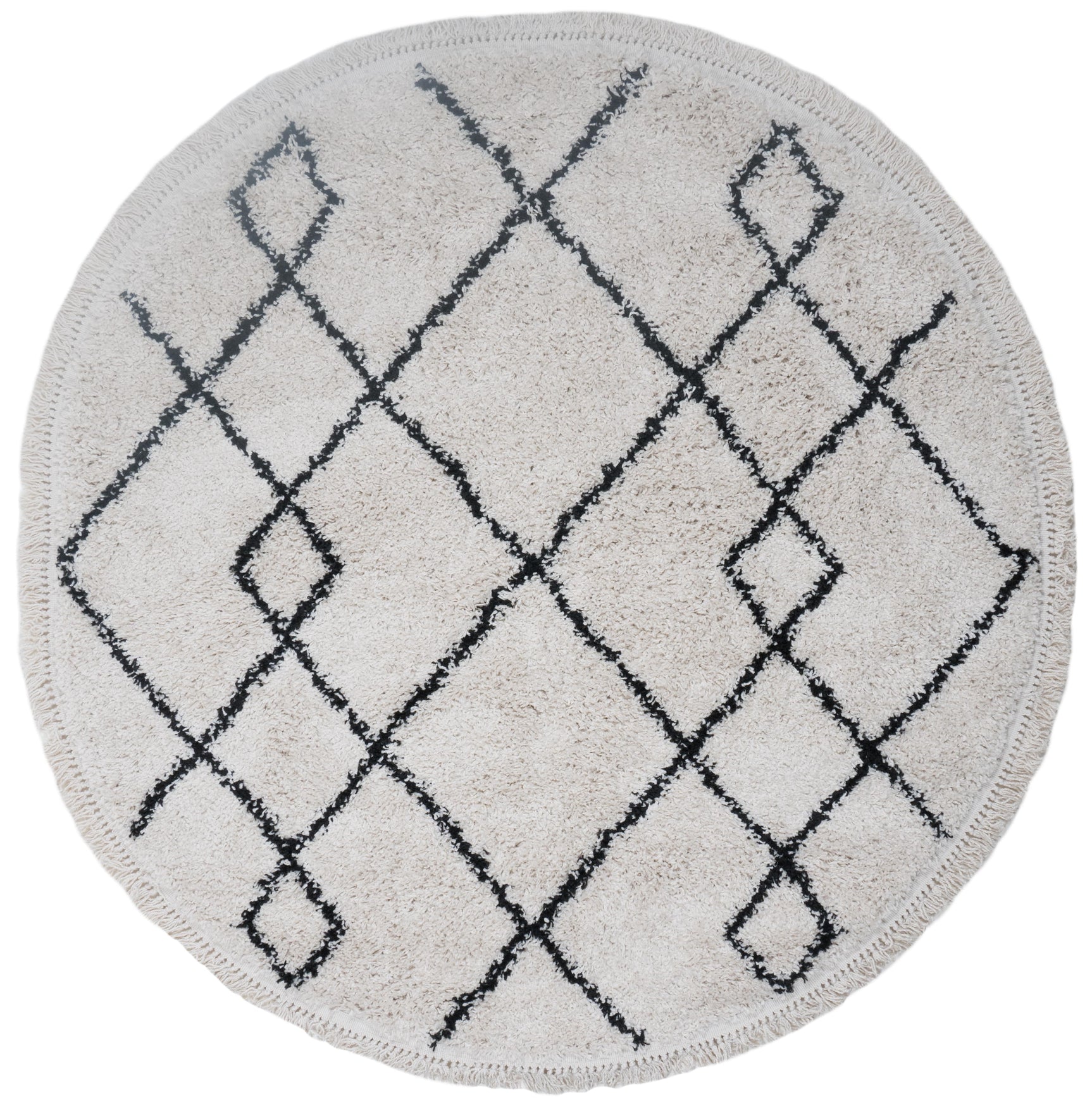 Rond vloerkleed in crèmekleur met donkerblauw ruitpatroon en grafische lijnen