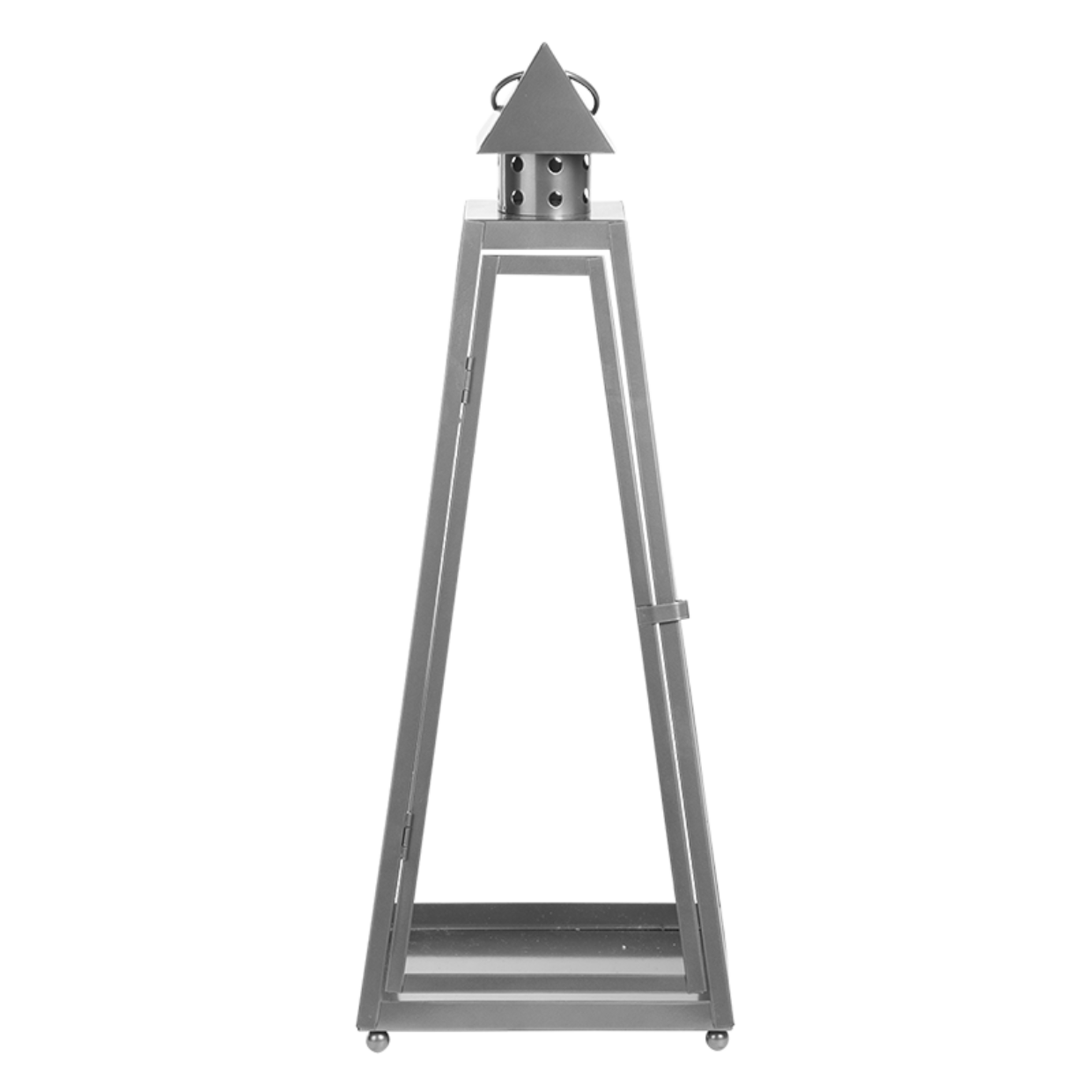Pyramide lantaarn met metalen frame en glazen zijpanelen, open onderkant