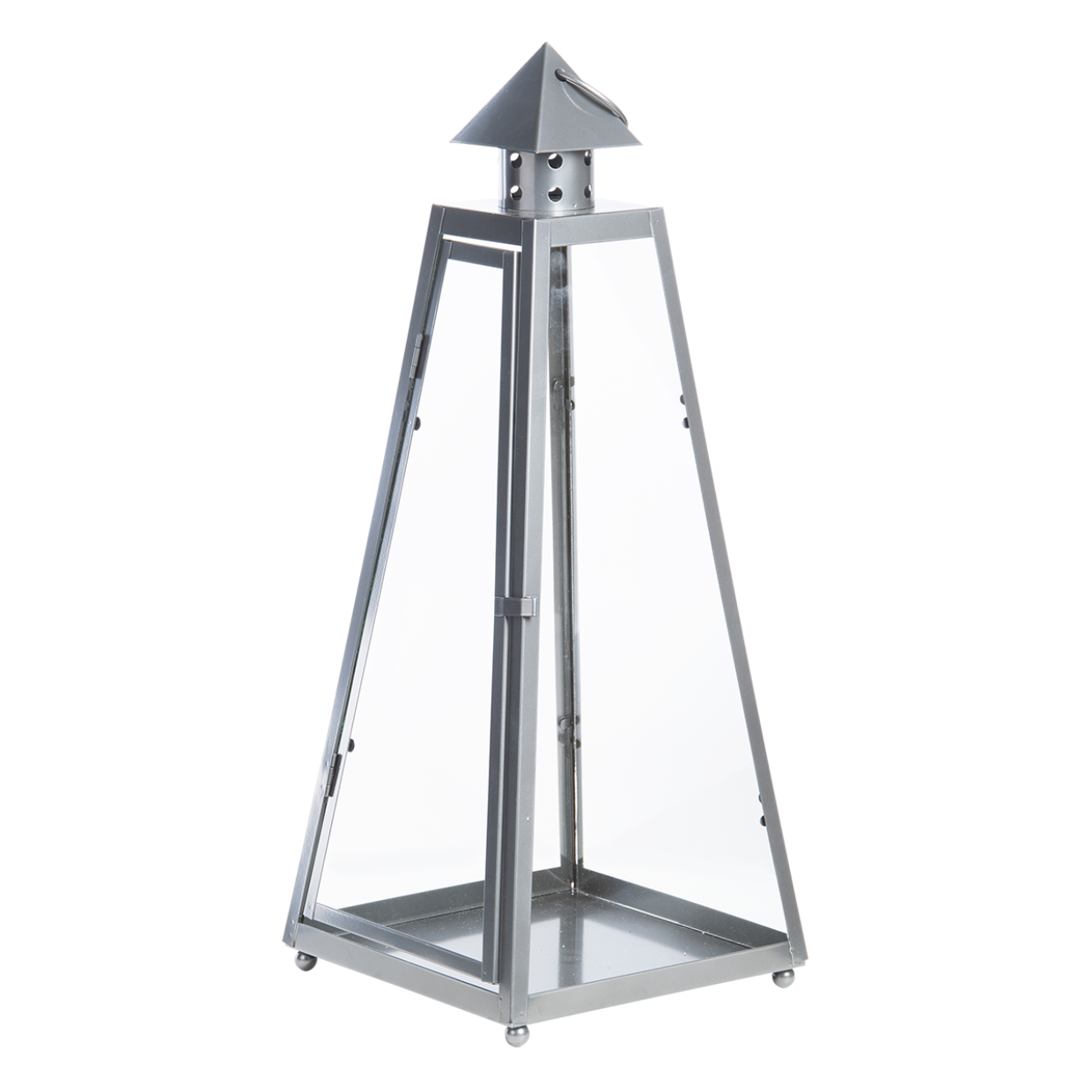 Metalen pyramide-lantaarn met glazen wanden en open bovenzijde, decoratieve opening